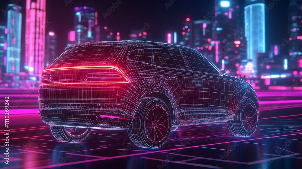 118.A detailed 3D illustration of a wireframe SUV, viewed from behind as it drives along a futuristic road toward a city with glowing skyscrapers. The wireframe design of the car is intricate, with 118.A detailed 3D illustration of a wireframe SUV, viewed from behind as it drives along a futuristic road toward a city with glowing skyscrapers. The wireframe design of the car is intricate, with