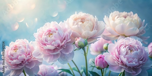 Wallpaper Mural Delicate pastel pink peonies bloom gracefully against a soft blue and white background, radiating a sense of tranquility and floral elegance. Torontodigital.ca
