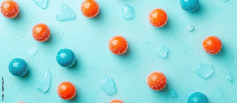 Bright blue and orange spheres scattered on a turquoise icy background perfect for winter sale promotions and seasonal marketing campaigns