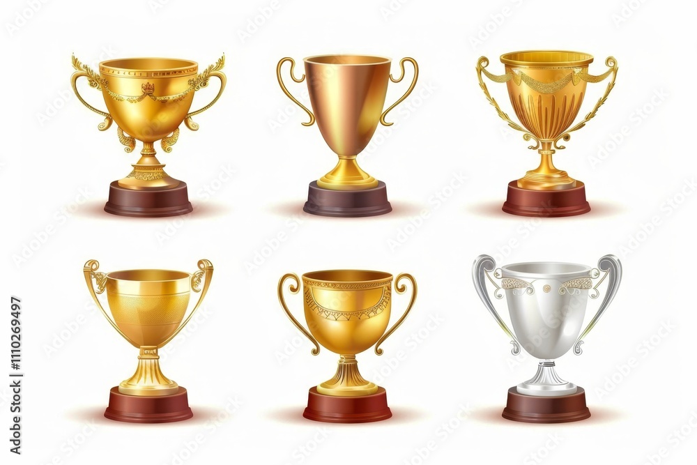 Trophy cups, golden goblet, silver reward, champion bowls. Contest winner award collection, prize cup Trophy cups, golden goblet, silver reward, champion bowls. Contest winner award collection, prize cup