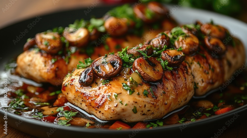 Grilled chicken breast stuffed with savory wild mushrooms and garnished with fresh herbs on a rustic plate Grilled chicken breast stuffed with savory wild mushrooms and garnished with fresh herbs on a rustic plate
