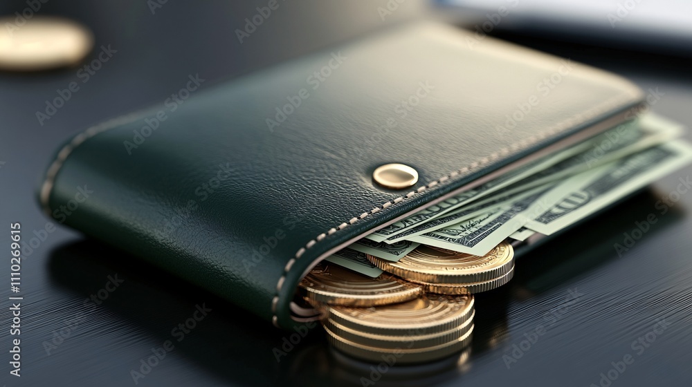 90.A detailed 3D render of a wallet stuffed with green cash and gold coins, symbolizing financial transactions and online payments. The wallet is rendered in smooth, glossy leather with neatly 90.A detailed 3D render of a wallet stuffed with green cash and gold coins, symbolizing financial transactions and online payments. The wallet is rendered in smooth, glossy leather with neatly