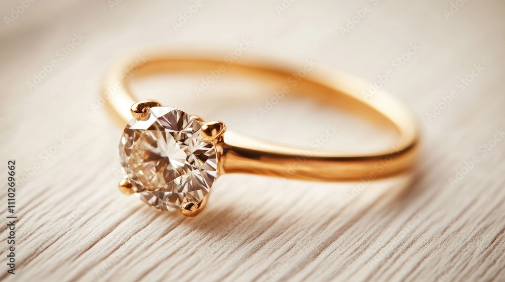 Elegant close-up of a round diamond engagement ring on a light wooden background showcasing exquisite detailing and timeless beauty. Elegant close-up of a round diamond engagement ring on a light wooden background showcasing exquisite detailing and timeless beauty.
