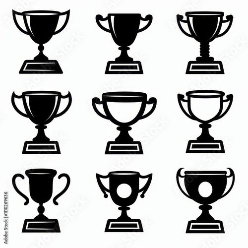 Trophy cups, golden goblet, silver reward, champion bowls. Contest winner award collection, prize cup