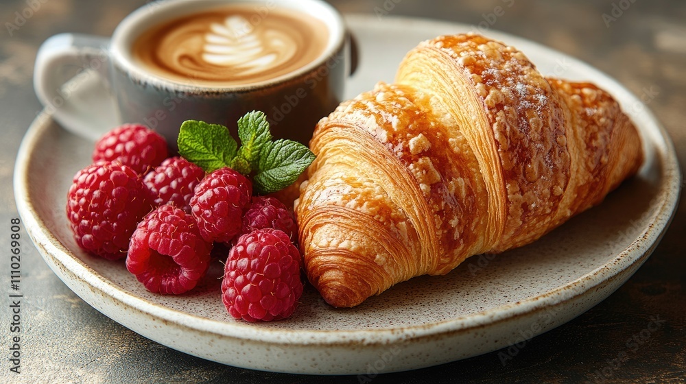 Cappuccino croissant with fresh raspberries on a gray plate ideal for a delightful breakfast scene Cappuccino croissant with fresh raspberries on a gray plate ideal for a delightful breakfast scene