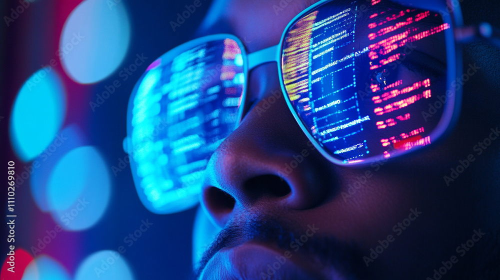 Close up of man face wearing futuristic VR glasses reflecting code Close up of man face wearing futuristic VR glasses reflecting code