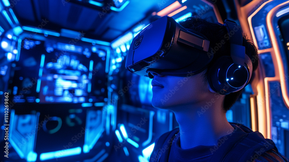 tech savvy man wearing VR goggles in futuristic environment tech savvy man wearing VR goggles in futuristic environment