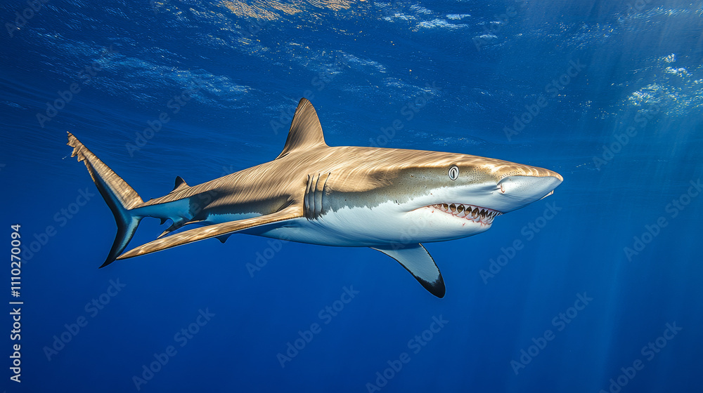 Fototapeta premium Ocean shark bottom view from below. Open toothy dangerous mouth with many teeth. Underwater blue sea waves clear water shark swims forward