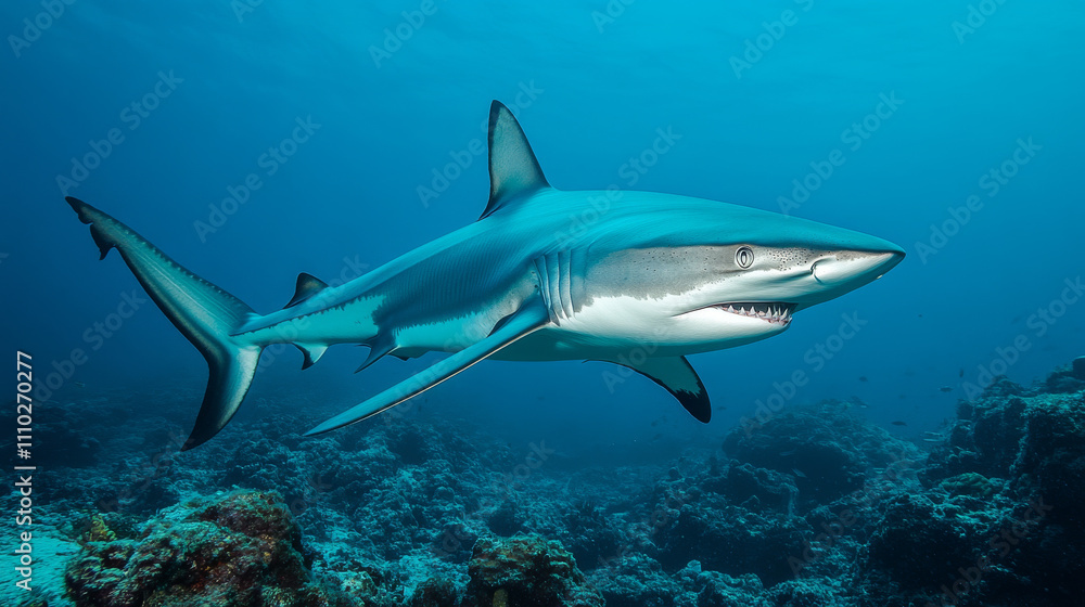 Naklejka premium Ocean shark bottom view from below. Open toothy dangerous mouth with many teeth. Underwater blue sea waves clear water shark swims forward