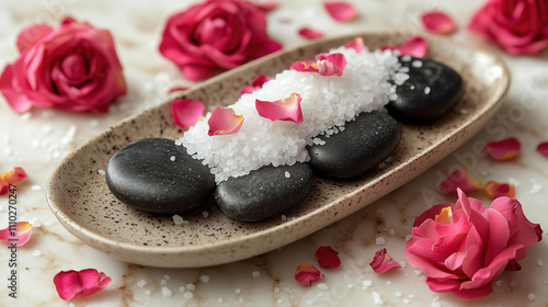 Relaxing spa arrangement with stones, sea salt, and rose petals on a marble countertop during a serene day. Generative AI photo