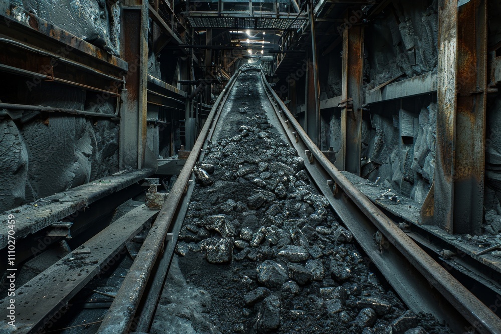 Naklejka premium Empty tunnel, post-apocalyptic shelter, rails going into darkness conveyor belt in underground coal mine