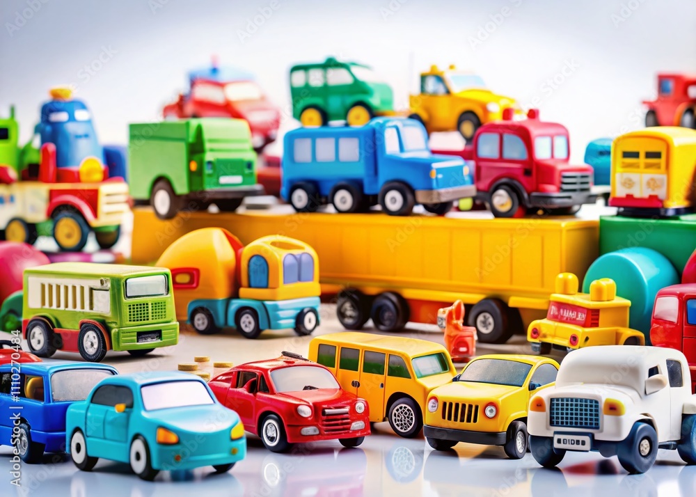 Colorful Set of Cartoon Cars and Vehicles on a White Background Featuring Various Modes of Transportation with Ample Copy Space for Creative Use