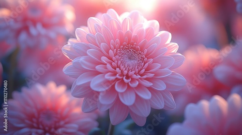 Closeup of a stunning pink and white chrysanthemum flower illuminated by daylight in a vibrant botanical garden setting