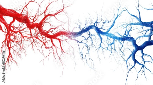 Artistic blood circulation visualization, organic red and blue lines symbolizing veins and arteries, white background