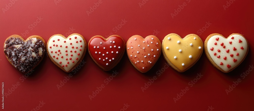 Delicious heart shaped cookies in various colors and designs arranged on a vibrant red backdrop perfect for celebrations and special occasions Delicious heart shaped cookies in various colors and designs arranged on a vibrant red backdrop perfect for celebrations and special occasions