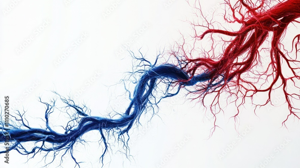 Artistic blood circulation visualization, organic red and blue lines symbolizing veins and arteries, white background Artistic blood circulation visualization, organic red and blue lines symbolizing veins and arteries, white background