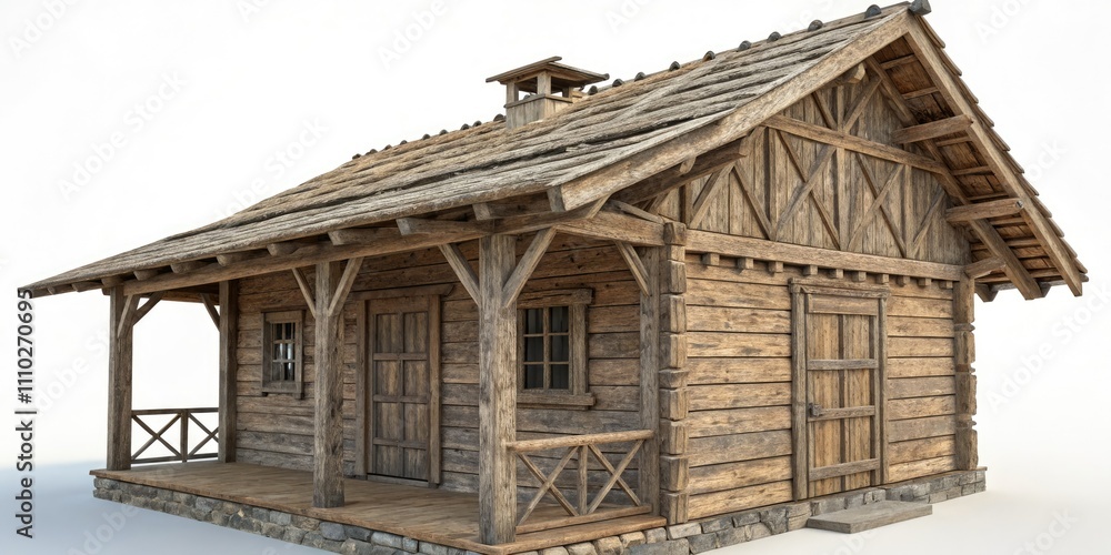 Rustic Wooden Shanty with Sloped Roof and Intricate Textures on White Background for Conceptual Photography Rustic Wooden Shanty with Sloped Roof and Intricate Textures on White Background for Conceptual Photography
