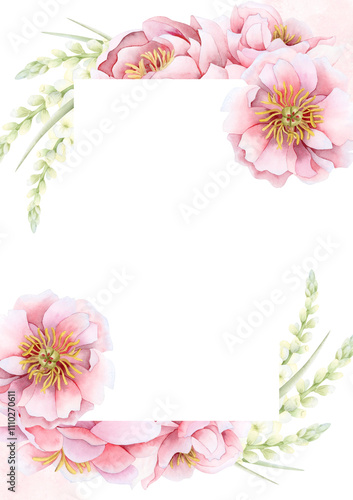 Elegant watercolor floral spring template with pastel pink peonies flowers. Watercolor vertical frame isolated illustration with copy space for sale banners, invitations and greeting cards