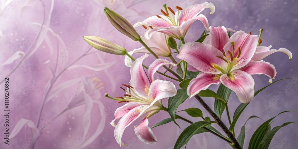 Obraz premium Stunning Double Exposure of Beautiful Pink Lily Bouquet on Purple Background - Close-Up of Fragrant Lilies, Fresh Floral Arrangement, Vibrant Colors, Dreamy Aesthetic