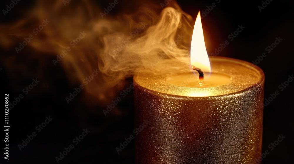Golden candle flickering with smoke rising in darkness creating a serene and moody atmosphere for relaxation and meditation scenes Golden candle flickering with smoke rising in darkness creating a serene and moody atmosphere for relaxation and meditation scenes