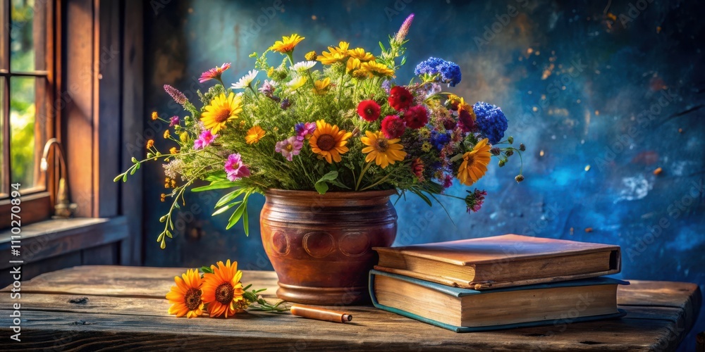 A Rustic Still Life with a Clay Vase Filled with Colorful Wildflowers and Two Antique Books on a Weathered Wooden Table A Rustic Still Life with a Clay Vase Filled with Colorful Wildflowers and Two Antique Books on a Weathered Wooden Table