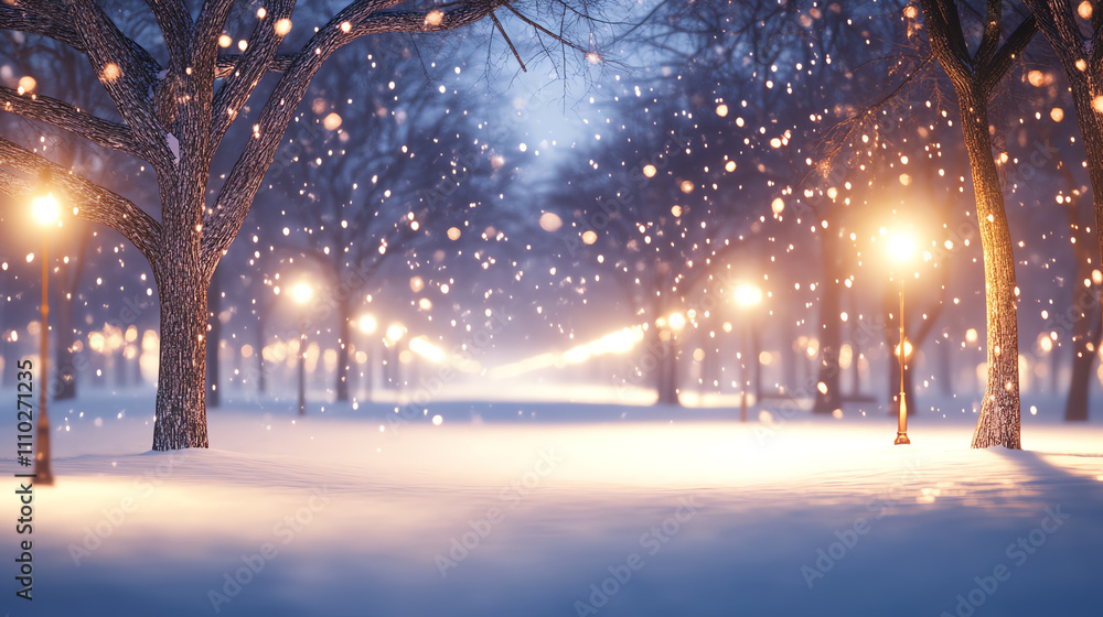 A serene winter landscape featuring snow, trees, and glowing street lamps at night. A serene winter landscape featuring snow, trees, and glowing street lamps at night.