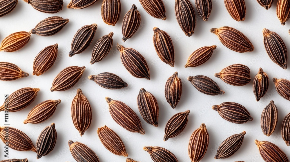 Dried caraway seeds arranged on a white background viewed from above showcasing their unique shapes and colors in a detailed close-up shot Dried caraway seeds arranged on a white background viewed from above showcasing their unique shapes and colors in a detailed close-up shot
