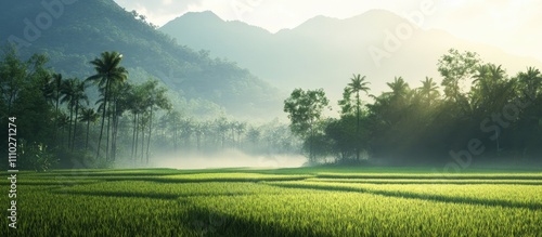 Misty dawn over lush green rice fields with mountains in the background and soft sunlight illuminating the landscape