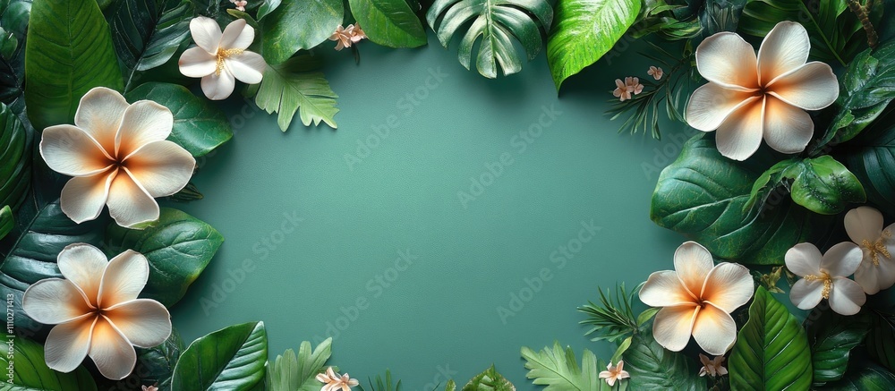 Floral and Leaf Frame on Light Green Background for Text Placement in Flat Lay Style Floral and Leaf Frame on Light Green Background for Text Placement in Flat Lay Style