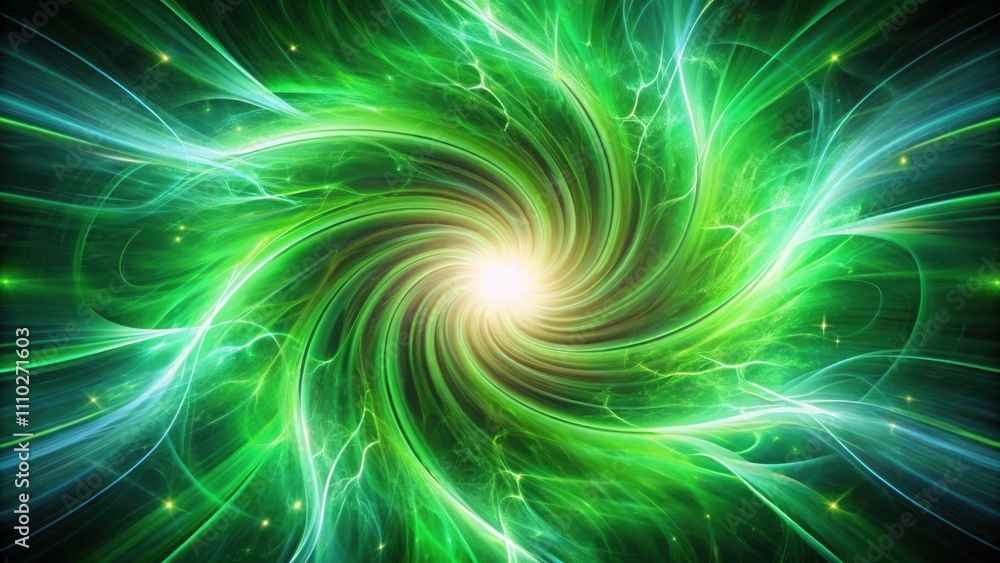 Abstract swirling green and white energy radiating towards a bright white center with glowing stars throughout Abstract swirling green and white energy radiating towards a bright white center with glowing stars throughout