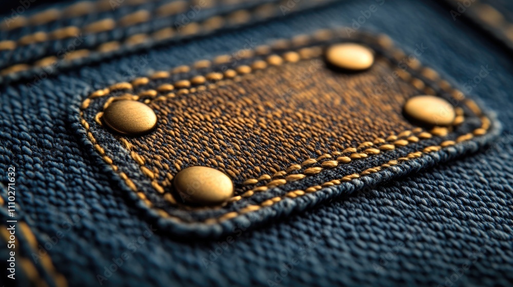 Empty clothing label on textured blue denim fabric with decorative stitching and metal rivets close-up shot. Empty clothing label on textured blue denim fabric with decorative stitching and metal rivets close-up shot.