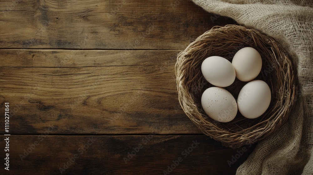Fresh farm eggs in a rustic basket on a wooden table with natural textures and warm lighting for culinary or dairy farm themes. Fresh farm eggs in a rustic basket on a wooden table with natural textures and warm lighting for culinary or dairy farm themes.