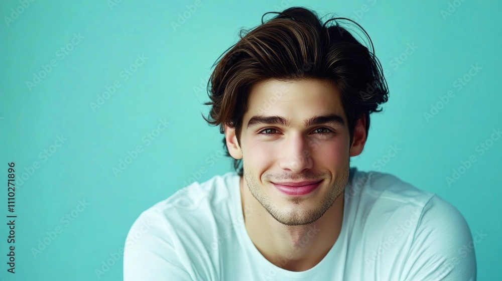 Obraz premium Smiling man in a white t-shirt with tousled hair against a solid colored background showcasing confidence and approachability in a portrait.