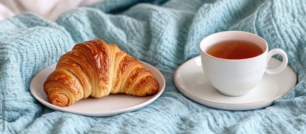 Cozy morning setup featuring a fresh croissant on a plate with tea in a white cup on a soft blue blanket in bed. Vertical orientation. Cozy morning setup featuring a fresh croissant on a plate with tea in a white cup on a soft blue blanket in bed. Vertical orientation.