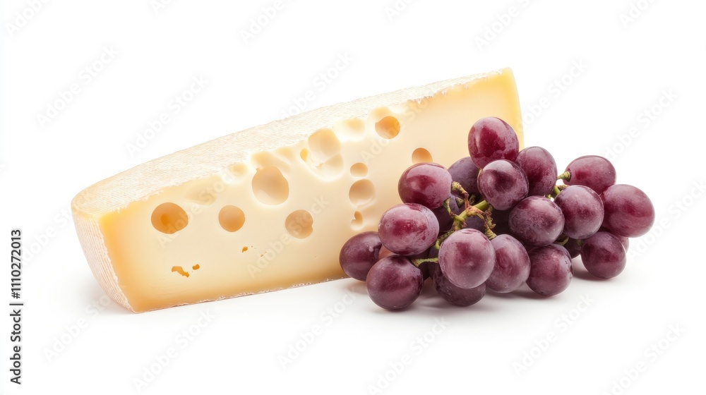Emmental cheese wedge with grapes on a white background showcasing a delicious pairing for culinary presentation and gourmet recipes Emmental cheese wedge with grapes on a white background showcasing a delicious pairing for culinary presentation and gourmet recipes