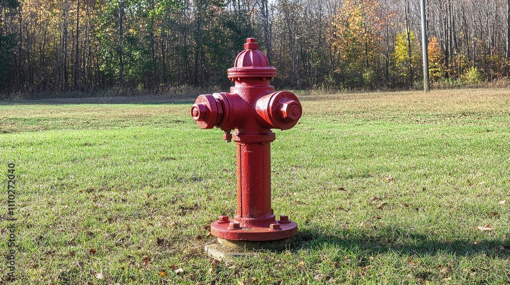 Red fire hydrant standing alone in a grassy field with trees in the background illustrating urban safety and infrastructure maintenance. Red fire hydrant standing alone in a grassy field with trees in the background illustrating urban safety and infrastructure maintenance.