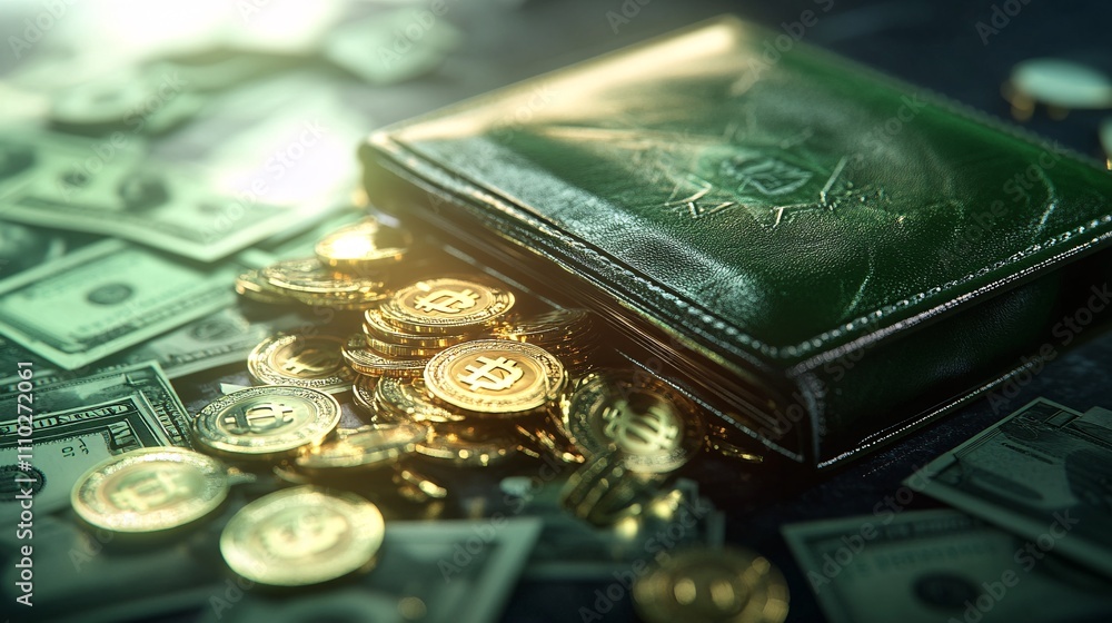 86.A 3D-rendered money wallet overflowing with crisp green cash and shining gold coins spilling out. The wallet is made of smooth leather with a sleek finish, while the coins and cash are rendered in