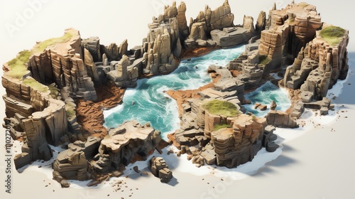 Coastal rock formations, turquoise water inlet, sandy beach.