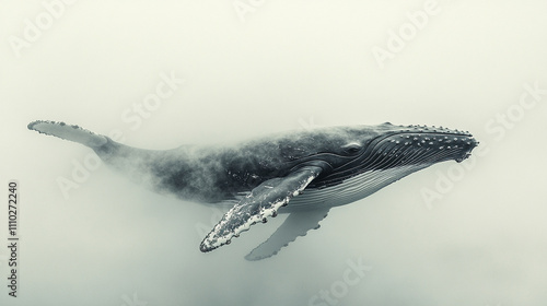 surreal depiction of a humpback whale floating through fluffy white clouds against a bright blue sky symbolizing freedom imagination environmental harmony and the blending of ocean and sky photo