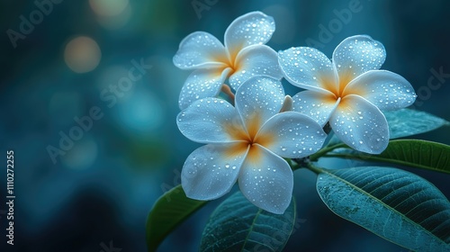 Cluster of delicate white Plumeria flowers with droplets in a lush tropical setting highlighting their beauty and ease of cultivation.