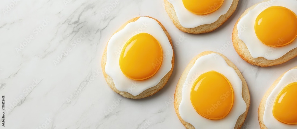 Easter themed egg-shaped cookies with yellow icing on a marble surface viewed from above celebration concept Easter themed egg-shaped cookies with yellow icing on a marble surface viewed from above celebration concept