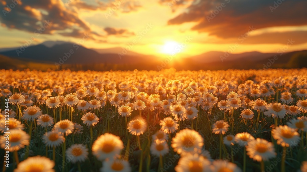 Obraz premium Golden sunset over a vibrant field of dandelion flowers capturing the essence of a beautiful summer evening scene.