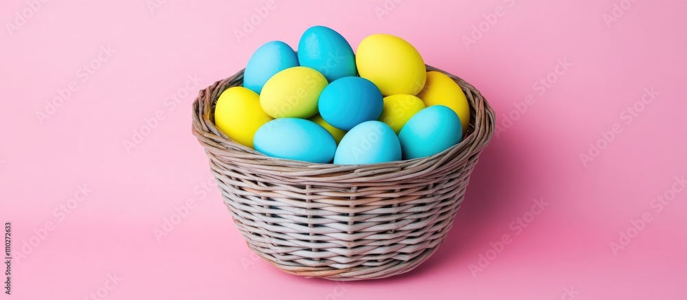 Colorful Easter eggs in a woven basket on a soft pastel pink background celebrating spring and holiday festivities. Colorful Easter eggs in a woven basket on a soft pastel pink background celebrating spring and holiday festivities.