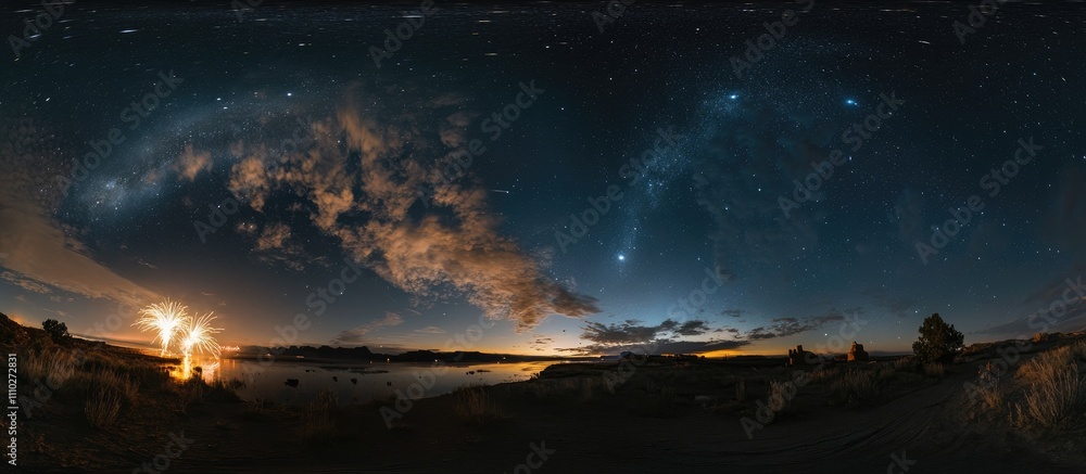 Fototapeta premium Fireworks illuminating the night sky with stars and clouds reflected over a serene lake landscape at twilight