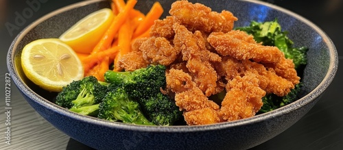 Fried shrimp with garlic butter and shallots served with steamed organic vegetables and fresh lemon slices in a stylish bowl photo