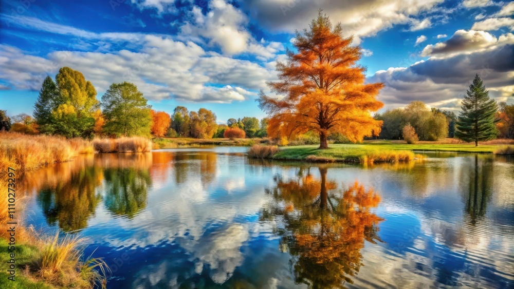 Golden Reflections in a Still Pond, Surrounded by Vibrant Autumn Trees, Beneath a Sky Filled with Puffy Clouds Golden Reflections in a Still Pond, Surrounded by Vibrant Autumn Trees, Beneath a Sky Filled with Puffy Clouds