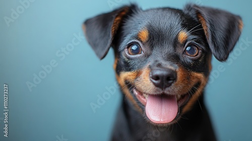 Cute curious puppy headshot with tongue out against a soft blue background perfect for pet related projects and marketing materials. photo