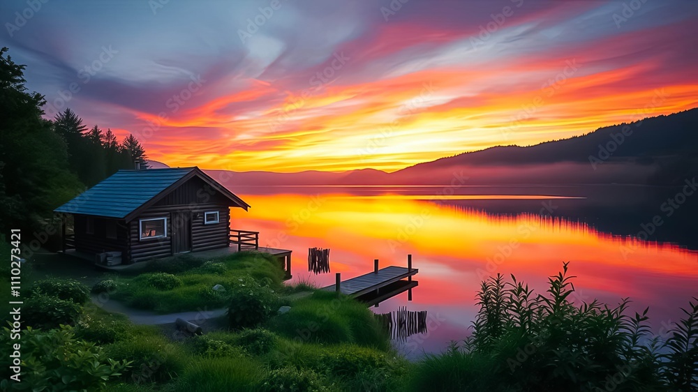 Fototapeta premium Serene Lakeside Cabin at Sunset with a Peaceful Dock