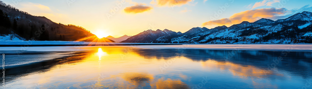 A stunning sunset over a tranquil lake surrounded by snow-capped mountains. A stunning sunset over a tranquil lake surrounded by snow-capped mountains.