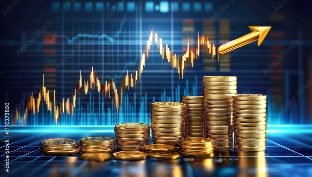 View of a computer screen displaying stock exchange graph and chart representing increased and decreased price in the stock market with stack of coins. View of a computer screen displaying stock exchange graph and chart representing increased and decreased price in the stock market with stack of coins.